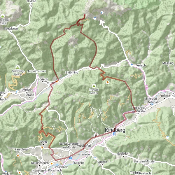 Miniatura della mappa di ispirazione al ciclismo "Nel cuore delle montagne" nella regione di Steiermark, Austria. Generata da Tarmacs.app, pianificatore di rotte ciclistiche