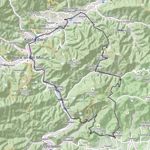 Miniaturní mapa "Cestní cyklistická trasa s výstupem 2073 metrů na 89 km" inspirace pro cyklisty v oblasti Steiermark, Austria. Vytvořeno pomocí plánovače tras Tarmacs.app