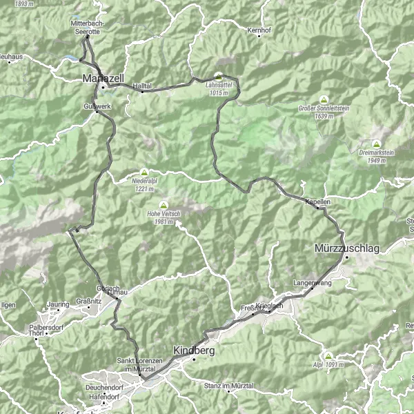 Mapa miniatúra "Trasa cez Mariazell a Mürzzuschlag" cyklistická inšpirácia v Steiermark, Austria. Vygenerované cyklistickým plánovačom trás Tarmacs.app