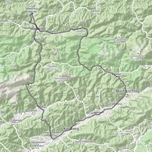 Miniaturekort af cykelinspirationen "Lang Road Cycling Rute gennem Mariazell" i Steiermark, Austria. Genereret af Tarmacs.app cykelruteplanlægger