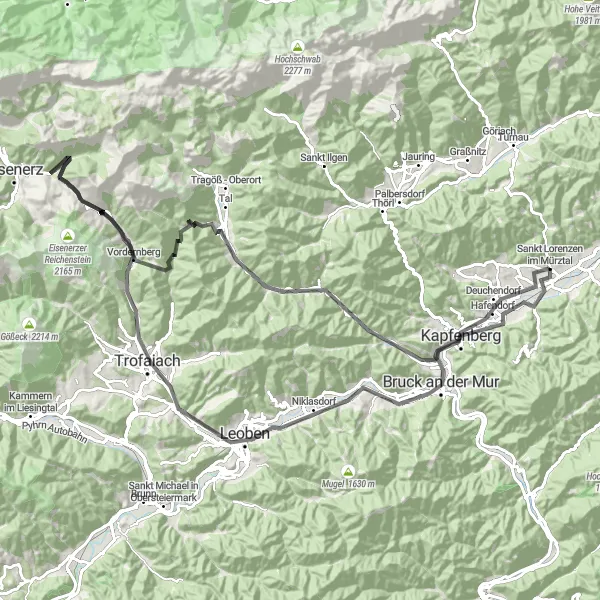Zemljevid v pomanjšavi "Ultimate Road Cycling Challenge through Leoben and Kapfenberg" kolesarske inspiracije v Steiermark, Austria. Generirano z načrtovalcem kolesarskih poti Tarmacs.app