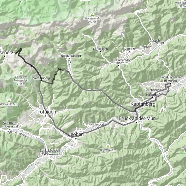 Miniatua del mapa de inspiración ciclista "Desafiante ruta de ciclismo de carretera de 114 km en el valle de Mürztal" en Steiermark, Austria. Generado por Tarmacs.app planificador de rutas ciclistas