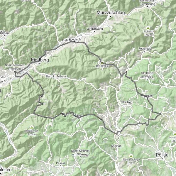 Zemljevid v pomanjšavi "Wartbergkogel - Mitterdorf im Mürztal Loop" kolesarske inspiracije v Steiermark, Austria. Generirano z načrtovalcem kolesarskih poti Tarmacs.app