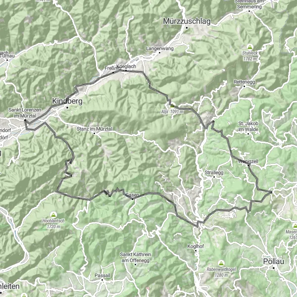 Mapa miniatúra "Road to Mürztal Challenge" cyklistická inšpirácia v Steiermark, Austria. Vygenerované cyklistickým plánovačom trás Tarmacs.app