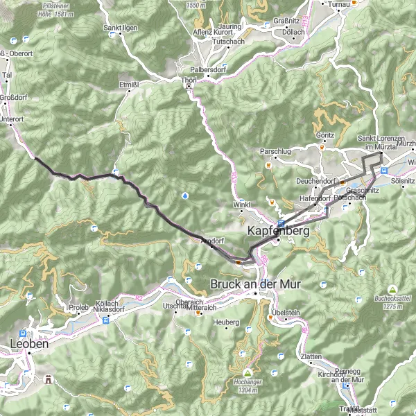 Miniaturní mapa "Cestní cyklistická trasa s výstupem 558 metrů na 56 km" inspirace pro cyklisty v oblasti Steiermark, Austria. Vytvořeno pomocí plánovače tras Tarmacs.app