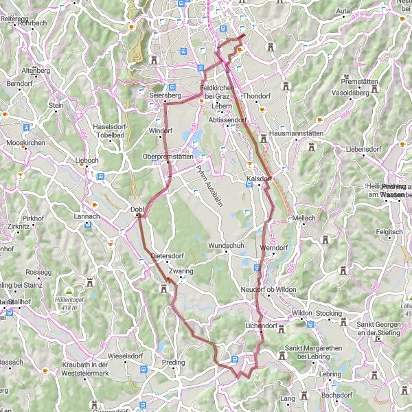 Zemljevid v pomanjšavi "58 km Dolga Gravel Kolesarska Pot okoli Sankt Peter" kolesarske inspiracije v Steiermark, Austria. Generirano z načrtovalcem kolesarskih poti Tarmacs.app