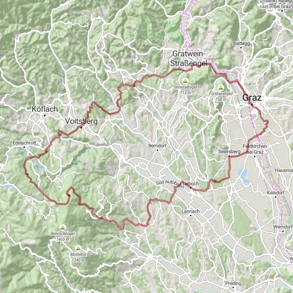 Miniature de la carte de l'inspiration cycliste "Les collines et les châteaux de la Styrie" dans la Steiermark, Austria. Générée par le planificateur d'itinéraire cycliste Tarmacs.app