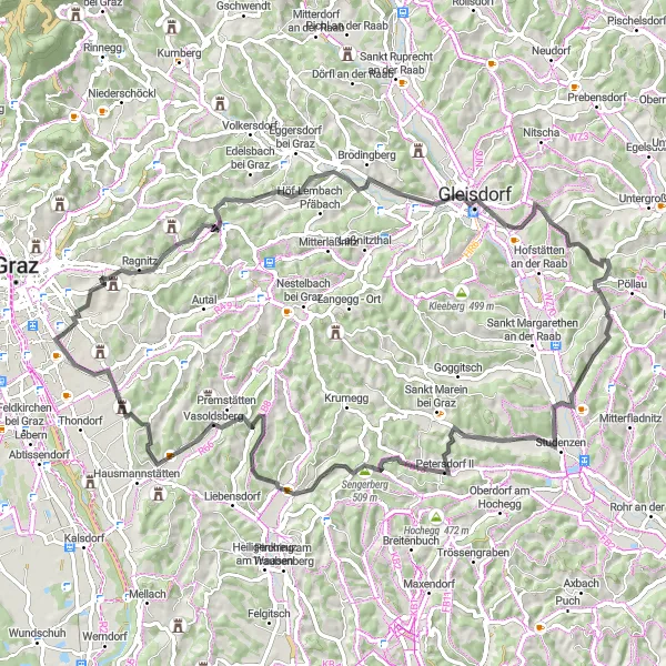 Miniatuurkaart van de fietsinspiratie "Avontuurlijke rit naar Lustbühel en Wunersberg" in Steiermark, Austria. Gemaakt door de Tarmacs.app fietsrouteplanner