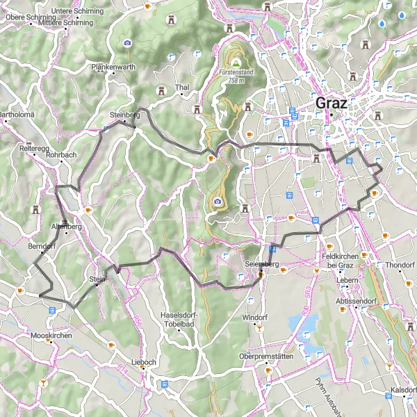 Map miniature of "Scenic Road Cycling in St. Peter" cycling inspiration in Steiermark, Austria. Generated by Tarmacs.app cycling route planner