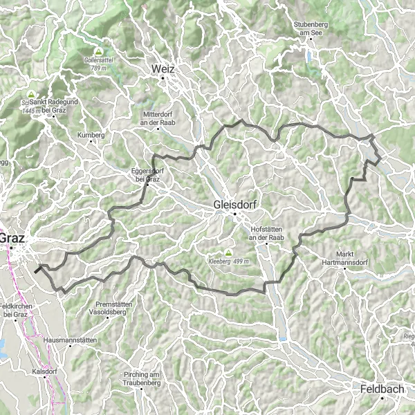 Karten-Miniaturansicht der Radinspiration "Hügelige Runde durch Kainbach bei Graz" in Steiermark, Austria. Erstellt vom Tarmacs.app-Routenplaner für Radtouren