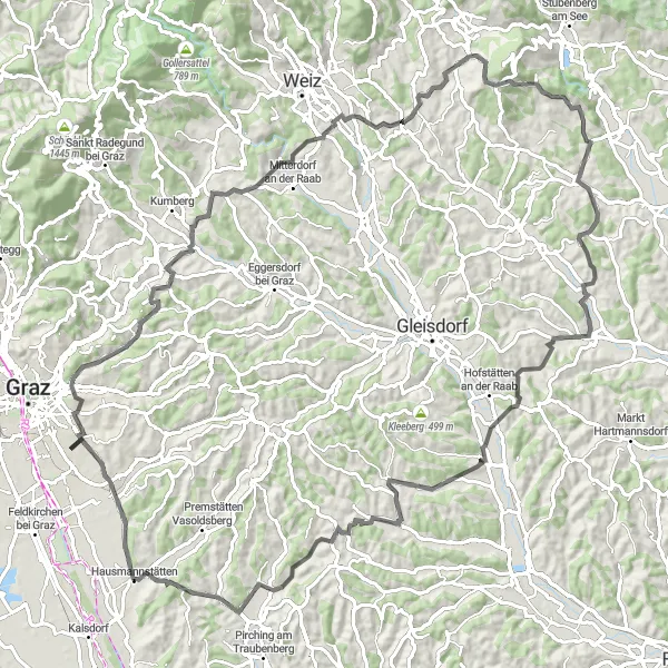 Kartminiatyr av "Eventyrlystne 107 km Sykkeltur i Steiermark" sykkelinspirasjon i Steiermark, Austria. Generert av Tarmacs.app sykkelrutoplanlegger