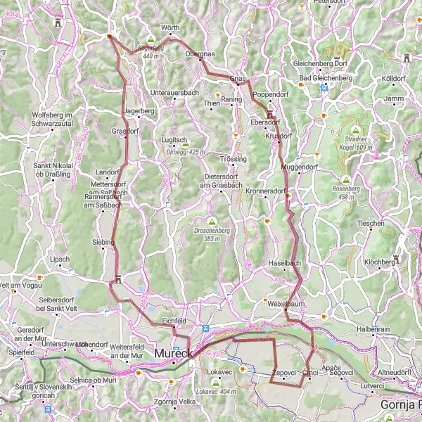 Miniatua del mapa de inspiración ciclista "Ruta a través del Rosental" en Steiermark, Austria. Generado por Tarmacs.app planificador de rutas ciclistas