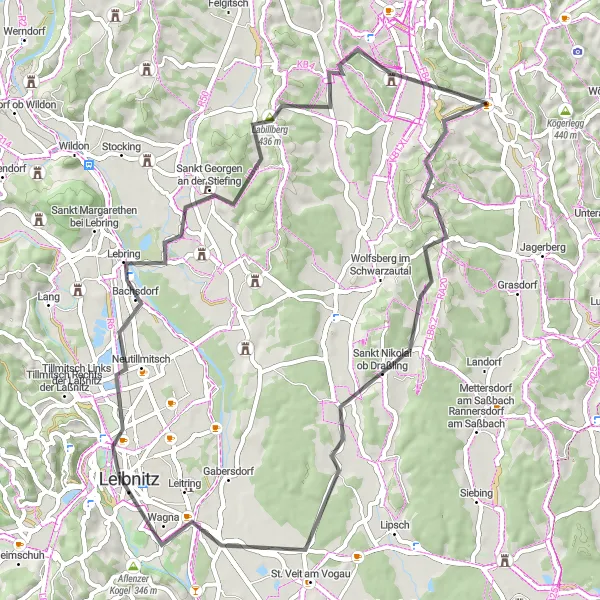 Miniatura della mappa di ispirazione al ciclismo "Via dei Colli Panoramici di Steiermark" nella regione di Steiermark, Austria. Generata da Tarmacs.app, pianificatore di rotte ciclistiche