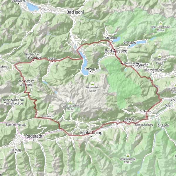 Map miniature of "Schladming to Rössingkogel Loop" cycling inspiration in Steiermark, Austria. Generated by Tarmacs.app cycling route planner