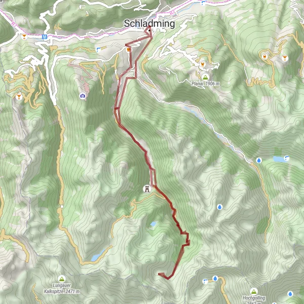 Miniaturekort af cykelinspirationen "Grusvejseventyr omkring Schladming" i Steiermark, Austria. Genereret af Tarmacs.app cykelruteplanlægger