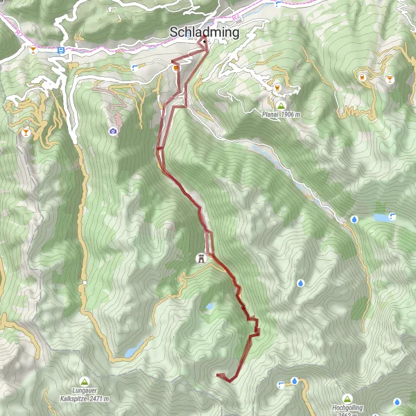 Kartminiatyr av "Grusvei eventyr rundt Schladming" sykkelinspirasjon i Steiermark, Austria. Generert av Tarmacs.app sykkelrutoplanlegger