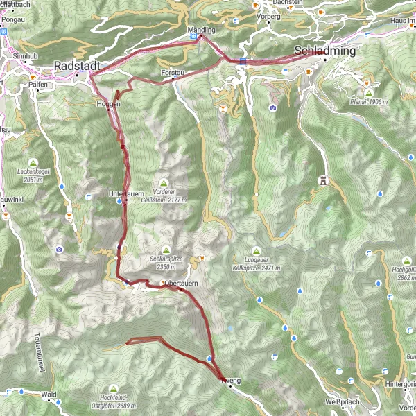 Zemljevid v pomanjšavi "Raziščite čudovite gore okoli Schladminga" kolesarske inspiracije v Steiermark, Austria. Generirano z načrtovalcem kolesarskih poti Tarmacs.app