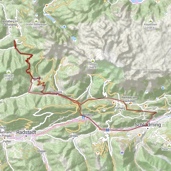 Map miniature of "Schladming to Ramsau Gravel Loop" cycling inspiration in Steiermark, Austria. Generated by Tarmacs.app cycling route planner