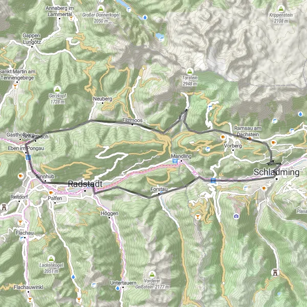 Karttaminiaatyyri "Tiepyöräilyreitti Schladmingista Ramsau am Dachsteiniin" pyöräilyinspiraatiosta alueella Steiermark, Austria. Luotu Tarmacs.app pyöräilyreittisuunnittelijalla