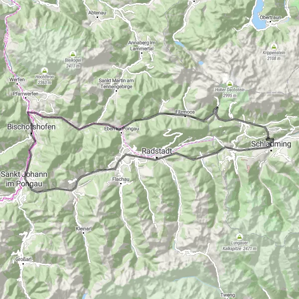 Mapa miniatúra "Road Adventure to Ramsau am Dachstein" cyklistická inšpirácia v Steiermark, Austria. Vygenerované cyklistickým plánovačom trás Tarmacs.app