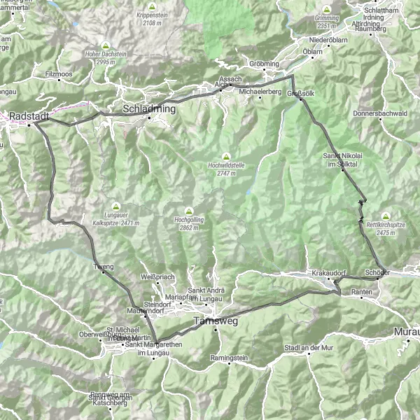 Kartminiatyr av "Episk roadtrip från Pruggern till Schladming" cykelinspiration i Steiermark, Austria. Genererad av Tarmacs.app cykelruttplanerare