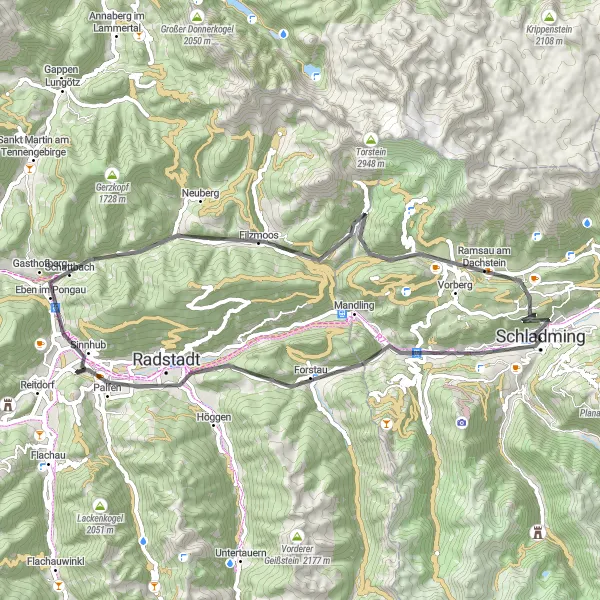 Miniature de la carte de l'inspiration cycliste "Tour panoramique de Schladming à Altenmarkt im Pongau" dans la Steiermark, Austria. Générée par le planificateur d'itinéraire cycliste Tarmacs.app