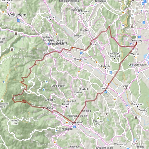 Miniatuurkaart van de fietsinspiratie "Gravelroute Seiersberg naar Schloss Söding" in Steiermark, Austria. Gemaakt door de Tarmacs.app fietsrouteplanner