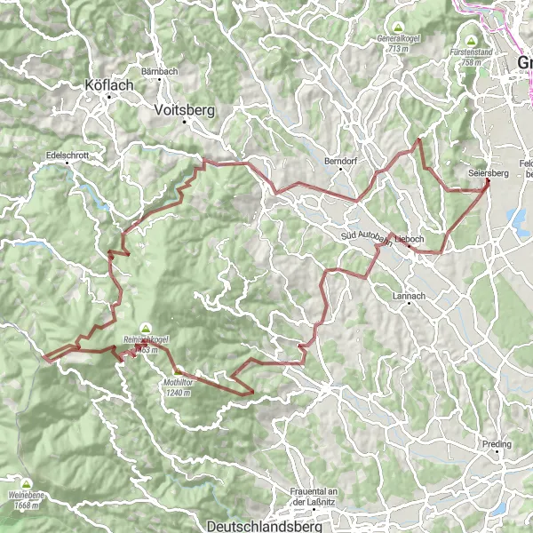Miniatua del mapa de inspiración ciclista "Desafiante ruta de ciclismo en grava desde Seiersberg a Blasenberg" en Steiermark, Austria. Generado por Tarmacs.app planificador de rutas ciclistas
