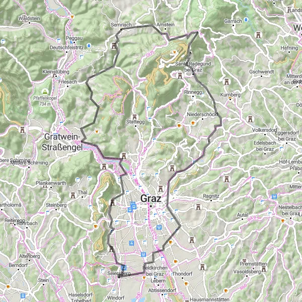 Miniatua del mapa de inspiración ciclista "Castillos y Montañas" en Steiermark, Austria. Generado por Tarmacs.app planificador de rutas ciclistas