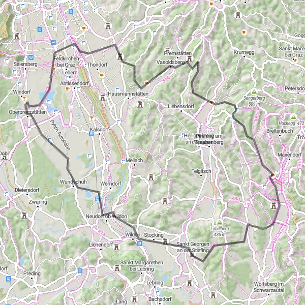Miniaturekort af cykelinspirationen "Rundtur til Wunersberg og Wildon" i Steiermark, Austria. Genereret af Tarmacs.app cykelruteplanlægger