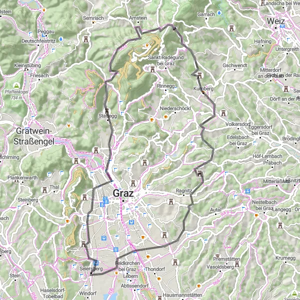 Miniatua del mapa de inspiración ciclista "Ruta del Castillo de Eggenberg y Schöckl" en Steiermark, Austria. Generado por Tarmacs.app planificador de rutas ciclistas