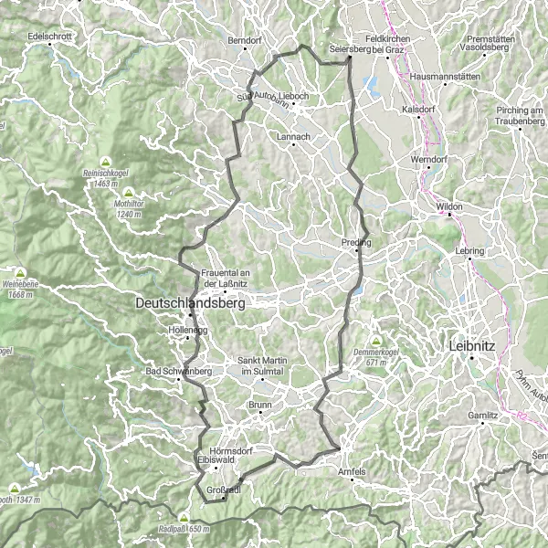 Miniatua del mapa de inspiración ciclista "Ruta por carretera a Deutschlandsberg" en Steiermark, Austria. Generado por Tarmacs.app planificador de rutas ciclistas