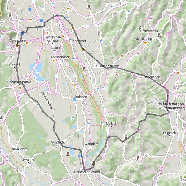 Miniaturekort af cykelinspirationen "Asfalt cykelrute gennem landsbyer og bakker" i Steiermark, Austria. Genereret af Tarmacs.app cykelruteplanlægger