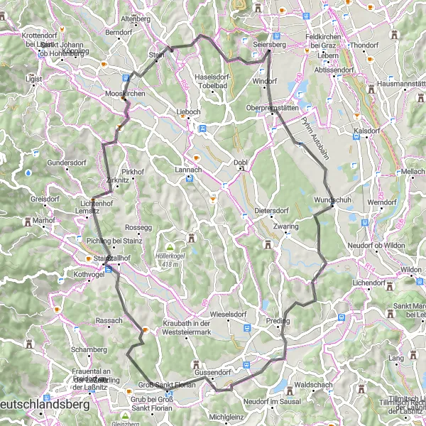 Miniaturekort af cykelinspirationen "Eventyr på landevejen fra Seiersberg" i Steiermark, Austria. Genereret af Tarmacs.app cykelruteplanlægger