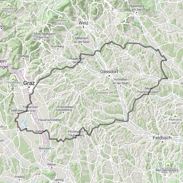 Miniatua del mapa de inspiración ciclista "Ruta de ciclismo por carretera de Seiersberg a Pirka" en Steiermark, Austria. Generado por Tarmacs.app planificador de rutas ciclistas
