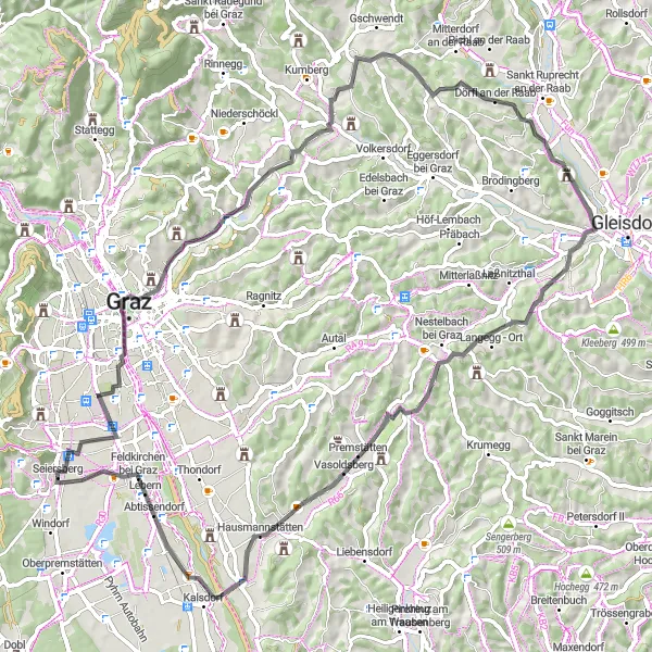Miniaturní mapa "Okružní cesta Grazskými kopcemi" inspirace pro cyklisty v oblasti Steiermark, Austria. Vytvořeno pomocí plánovače tras Tarmacs.app