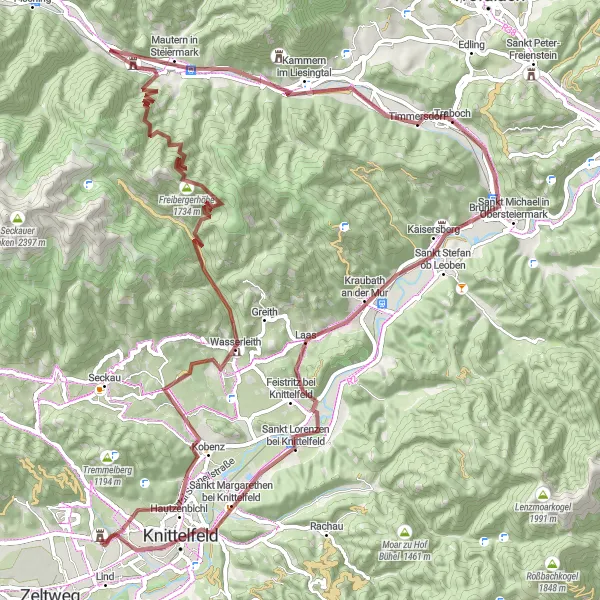 Miniatua del mapa de inspiración ciclista "Ruta de gravilla al Kobenz y más" en Steiermark, Austria. Generado por Tarmacs.app planificador de rutas ciclistas