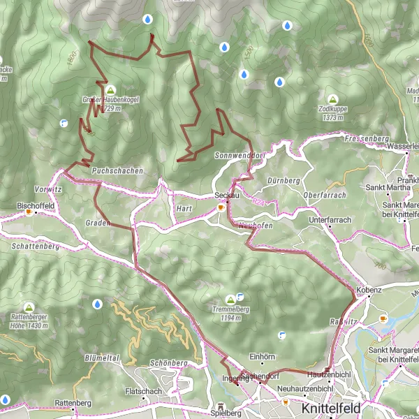 Miniatura della mappa di ispirazione al ciclismo "Gravel Tour tra le montagne della Stiria" nella regione di Steiermark, Austria. Generata da Tarmacs.app, pianificatore di rotte ciclistiche