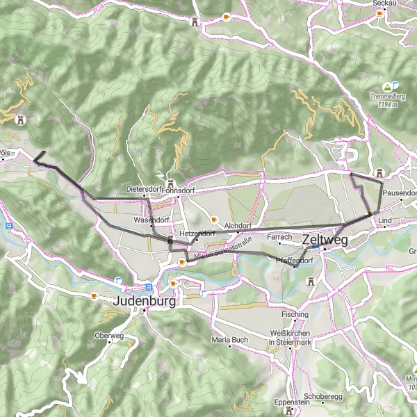 Miniature de la carte de l'inspiration cycliste "Balade à travers Zeltweg" dans la Steiermark, Austria. Générée par le planificateur d'itinéraire cycliste Tarmacs.app