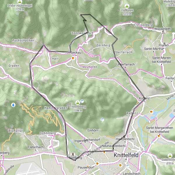 Miniatua del mapa de inspiración ciclista "Circuito en carretera por Schloss Spielberg y más" en Steiermark, Austria. Generado por Tarmacs.app planificador de rutas ciclistas