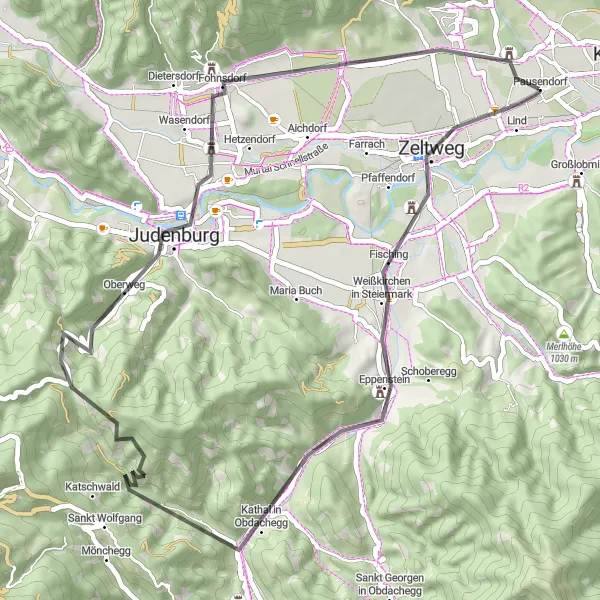 Miniatua del mapa de inspiración ciclista "Viaje por Zeltweg y Fohnsdorf" en Steiermark, Austria. Generado por Tarmacs.app planificador de rutas ciclistas