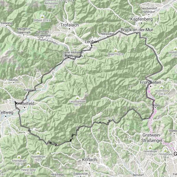 Zemljevid v pomanjšavi "Ultimativna kolesarska pustolovščina v Steiermarku" kolesarske inspiracije v Steiermark, Austria. Generirano z načrtovalcem kolesarskih poti Tarmacs.app