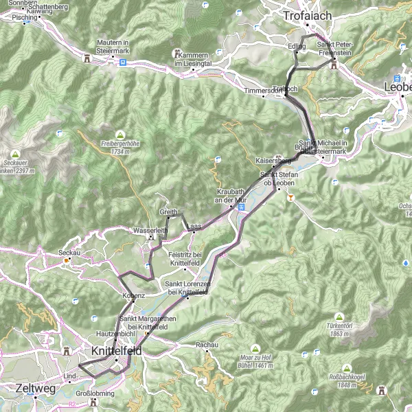 Miniature de la carte de l'inspiration cycliste "Randonnée à vélo à travers les vallées de Styrie" dans la Steiermark, Austria. Générée par le planificateur d'itinéraire cycliste Tarmacs.app
