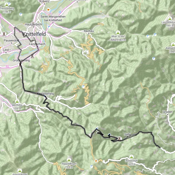 Miniatua del mapa de inspiración ciclista "Ruta en carretera al Burgruine Klingenstein y más" en Steiermark, Austria. Generado por Tarmacs.app planificador de rutas ciclistas