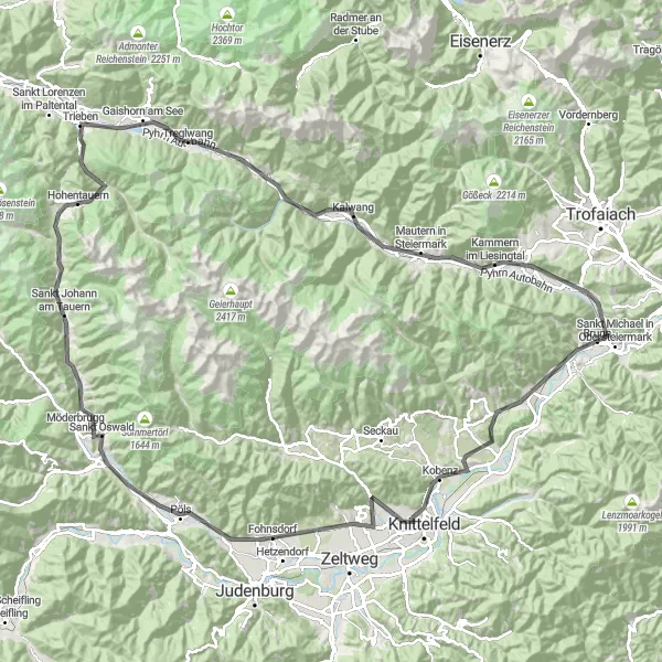 Miniature de la carte de l'inspiration cycliste "Tour épique de Liesingtal et du Kraubath an der Mur" dans la Steiermark, Austria. Générée par le planificateur d'itinéraire cycliste Tarmacs.app