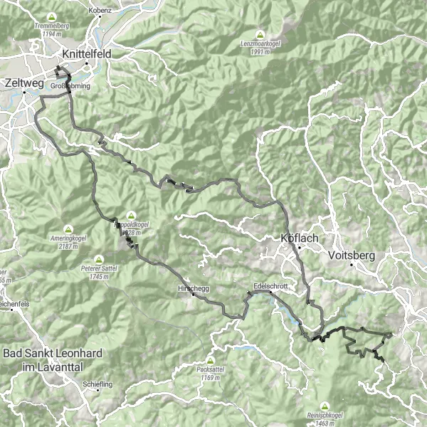 Miniatua del mapa de inspiración ciclista "Circuito por Burgruine Klingenstein y Reisstraße" en Steiermark, Austria. Generado por Tarmacs.app planificador de rutas ciclistas