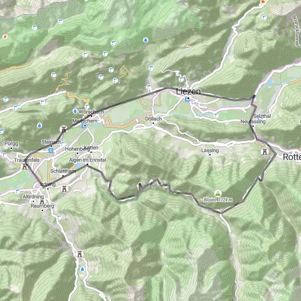 Miniature de la carte de l'inspiration cycliste "Les Châteaux et Monuments de Liezen" dans la Steiermark, Austria. Générée par le planificateur d'itinéraire cycliste Tarmacs.app