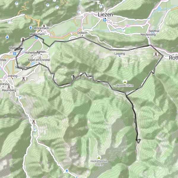 Miniatua del mapa de inspiración ciclista "Tour en bicicleta por Wörschach y Aigen im Ennstal" en Steiermark, Austria. Generado por Tarmacs.app planificador de rutas ciclistas