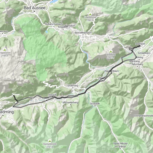 Miniatua del mapa de inspiración ciclista "Ruta de Ciclismo de Carretera desde Stainach" en Steiermark, Austria. Generado por Tarmacs.app planificador de rutas ciclistas