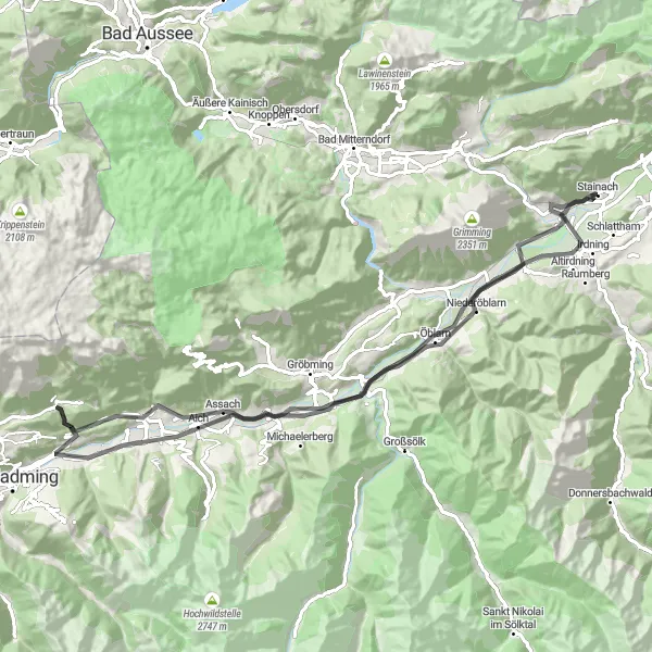 Karttaminiaatyyri "Stainach - Niederöblarn - Pruggern - Luserwasserfall - Rössingkogel - Assach Bundesstraße - Mitterberg - Irdning" pyöräilyinspiraatiosta alueella Steiermark, Austria. Luotu Tarmacs.app pyöräilyreittisuunnittelijalla